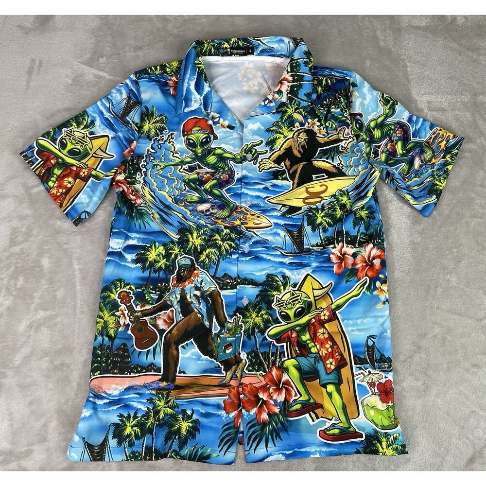 Hihi Global Men’s Small Button Down Hawaiian Shirt Aliens Caveman Surf Tropical